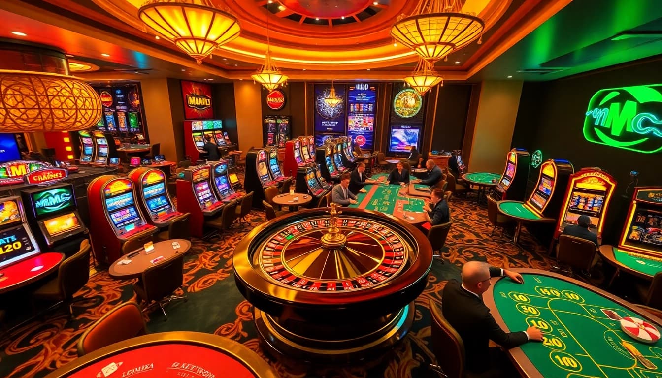 Experience MMOO excitement on a glamorous casino floor with vibrant gaming and betting action.