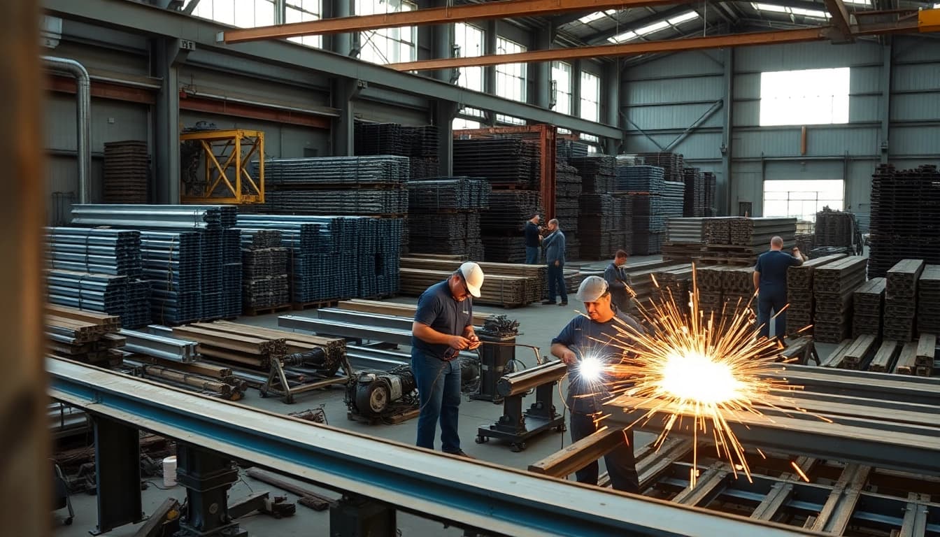 Artisans engaged in structural steel fabrication, highlighting craftsmanship and precision in a busy workshop.