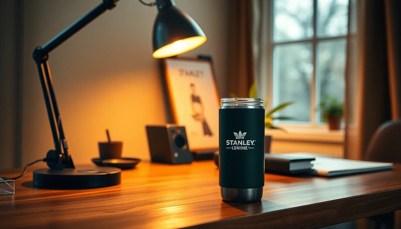 Elegante spazio di lavoro domestico che mostra il set di bicchieri isolati 'stanley shop online' in un ambiente accogliente.