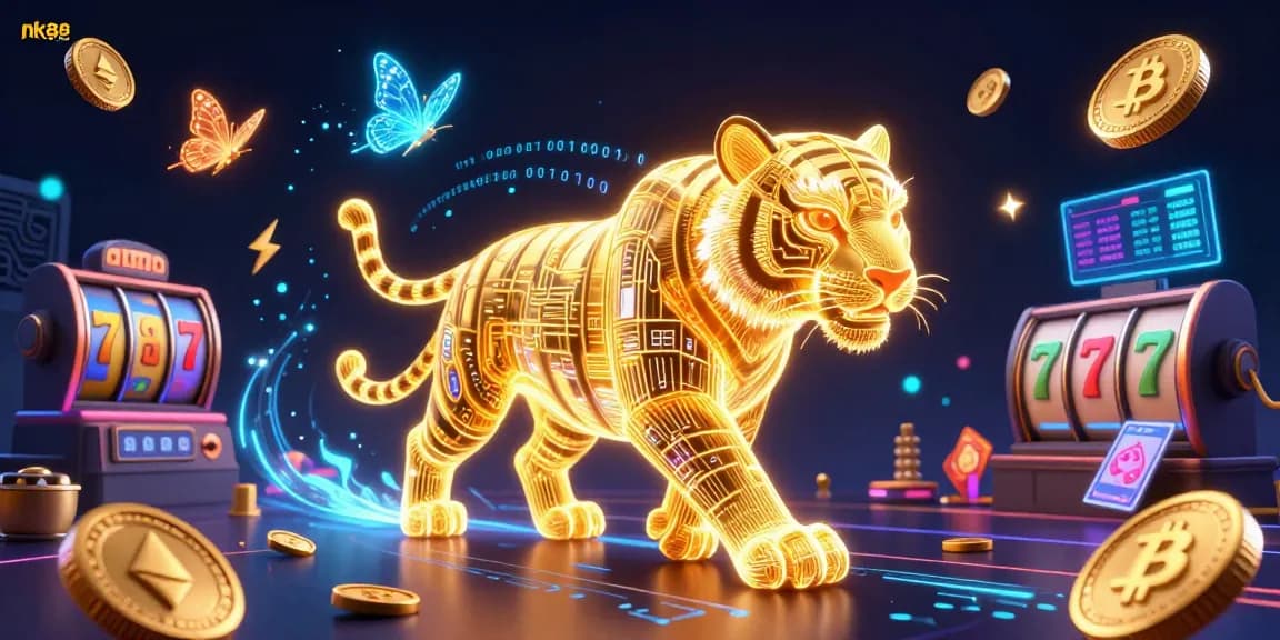 Experience exciting gameplay at nk88 com with a vibrant casino scene featuring a neon-wireframe tiger and cryptocurrency elements.