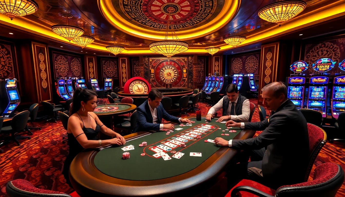 Engaging scene of U31 players at a luxurious casino table playing poker with colorful chips.