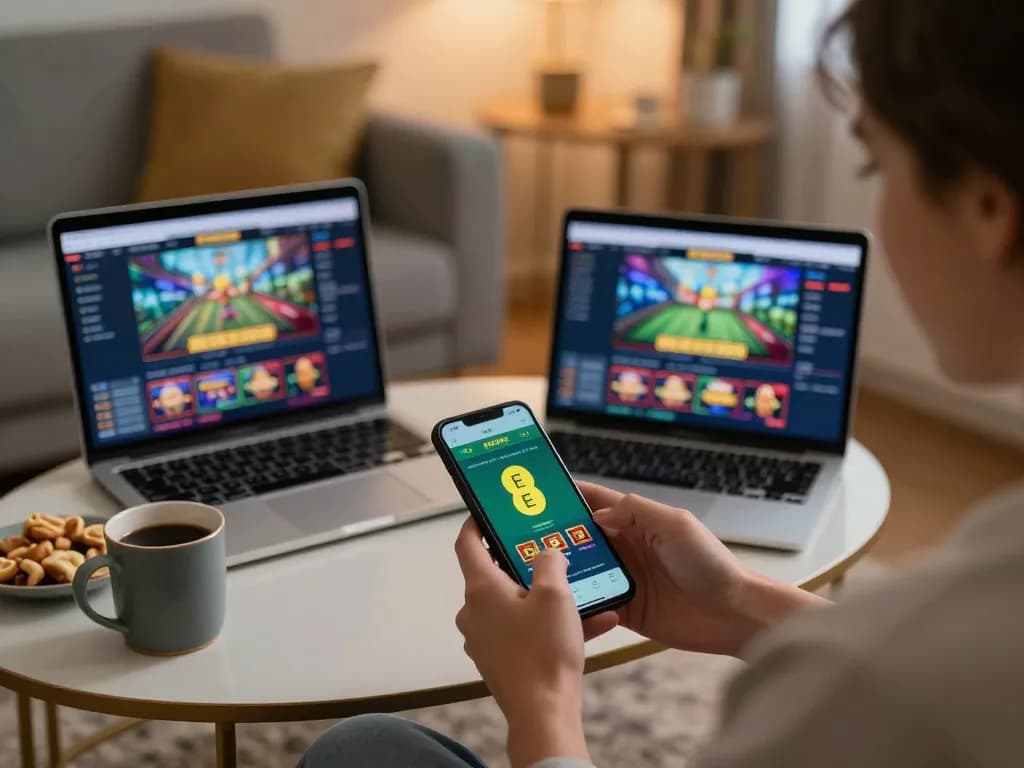 EE88 user engaging in online gaming with smartphone in a cozy home setting