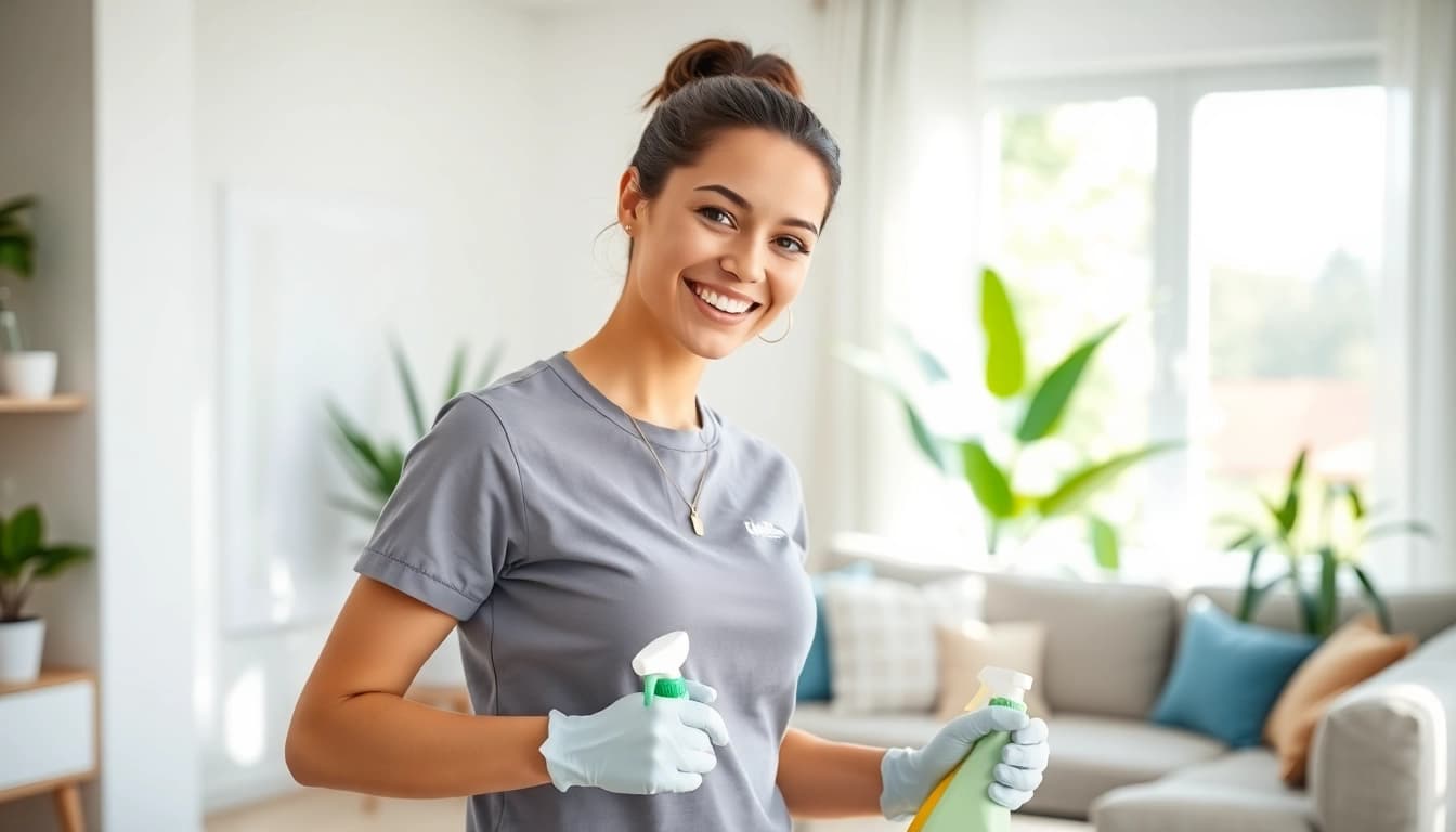 Cleaner performing a thorough cleaning service in a bright living space, showcasing professionalism and eco-friendliness.