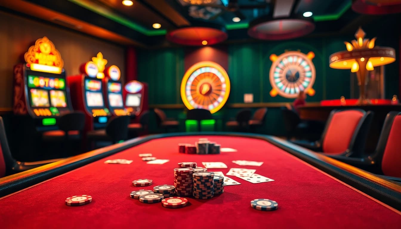 Experience excitement at MMOO poker tables with chips, cards, and casino lights.