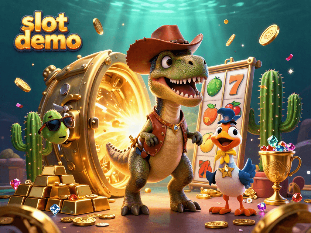 Slot demo showcases a playful 3D casino scene with a cowboy dinosaur and gems.