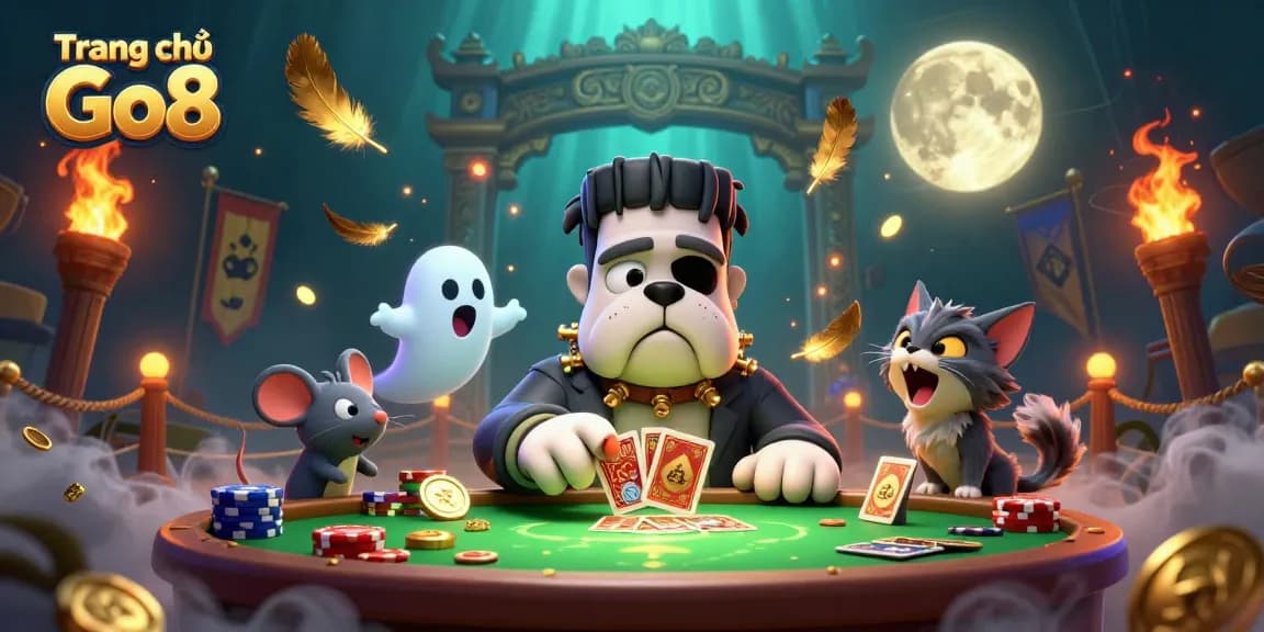 Experience the excitement of Trang chủ Go8 with a vibrant vibrant 3D illustration of card dealing and lively casino elements.