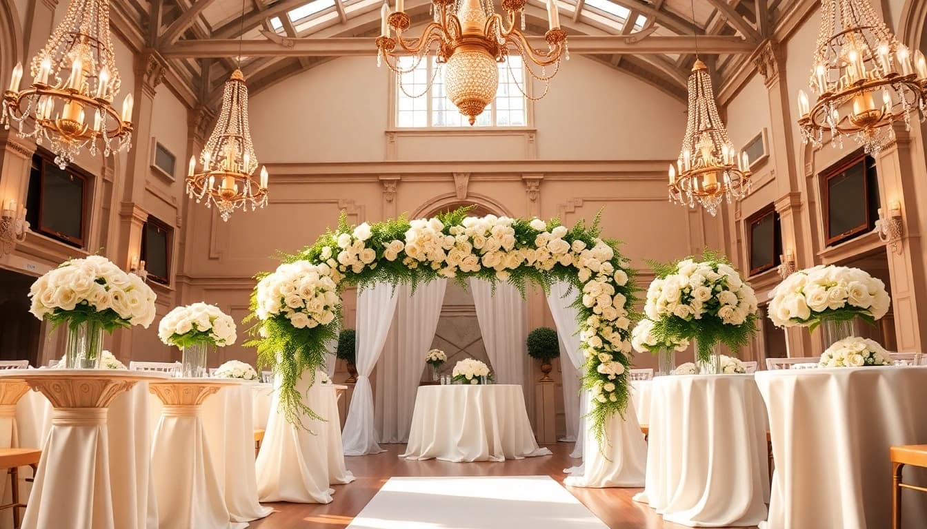 Beautiful wedding setup at a Jacksonville Wedding Venue with elegant floral decor and vintage architecture.