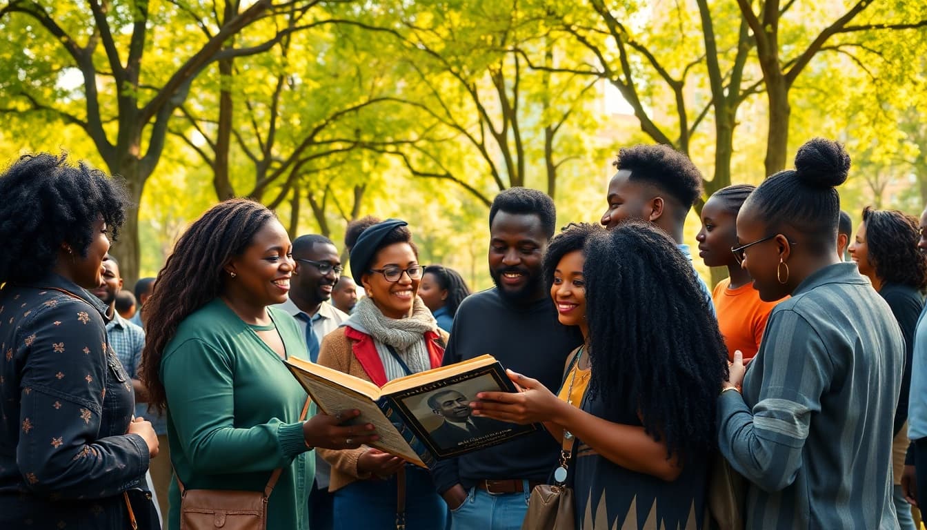 Community members engaged in discussion about blackchronicle's history amidst a lively urban park setting.