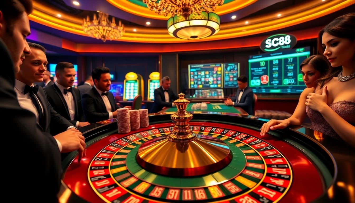 Engage in thrilling gameplay at SC88 casino with vibrant roulette, poker chips, and slot machines.