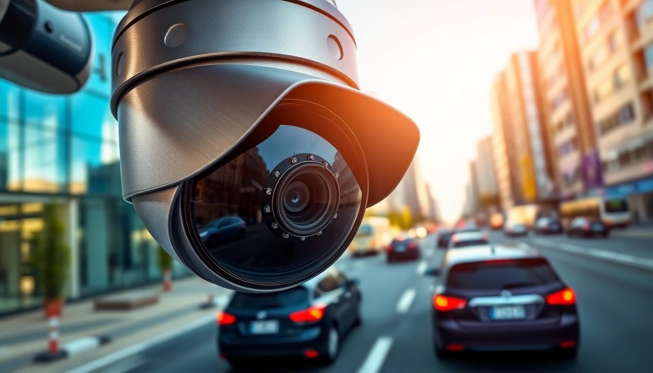 Showcasing a license plate recognition camera capturing license plates in an urban setting.