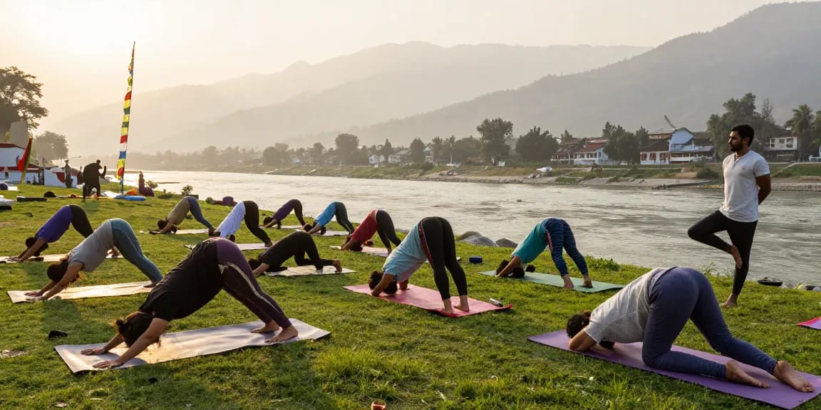 Participants engaging in yoga teacher training in Rishikesh, surrounded by nature and the river Ganga, guided by an instructor.