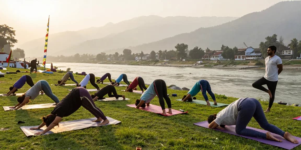 Participants engaging in yoga teacher training in Rishikesh, surrounded by nature and the river Ganga, guided by an instructor.