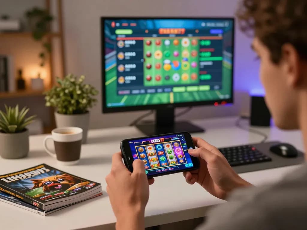 Engaging gameplay on the alexis77 casino app with vibrant slot graphics in a cozy home setting.