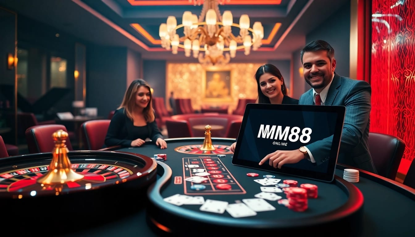 Players celebrating wins at MM88 casino table with cards and chips in luxury setting.
