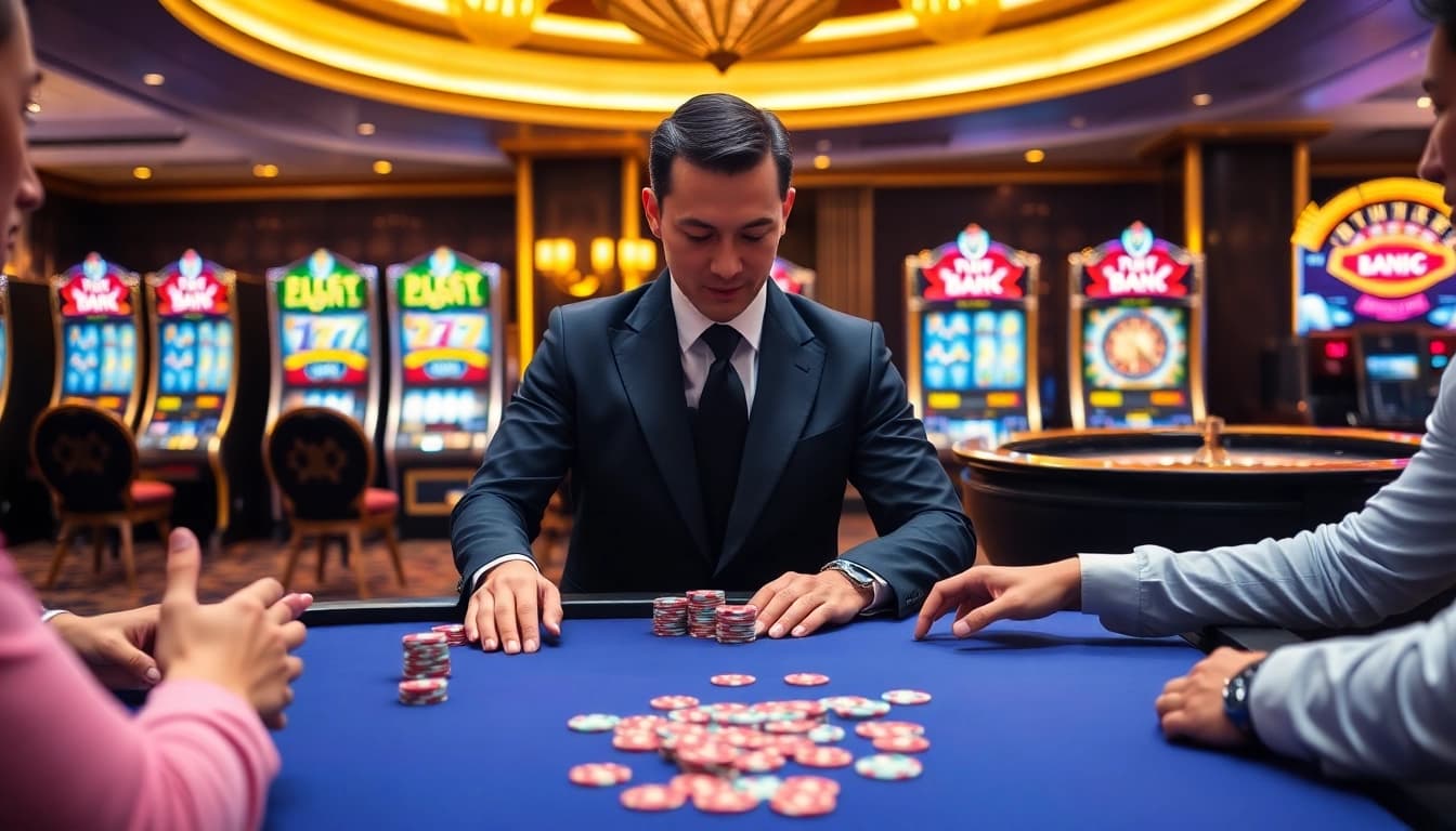 Engaging poker players at a luxurious casino table showcasing chips and cards from https://luckywin.hu.net/.