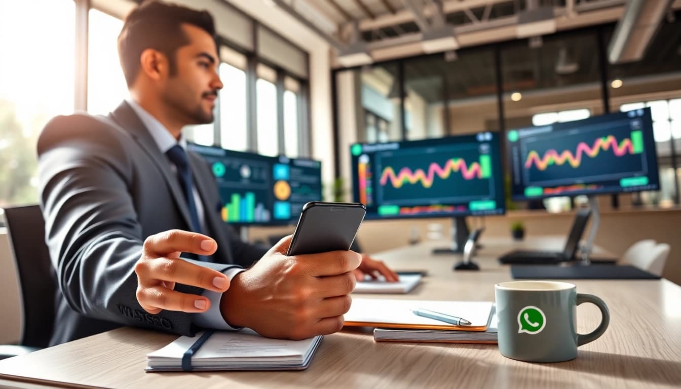 Utilizing WhatsApp Business CRM for customer engagement in a modern office setup.