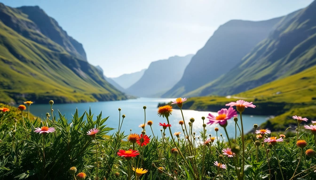 Scandia's breathtaking fjord landscape with vibrant wildflowers and majestic mountains.