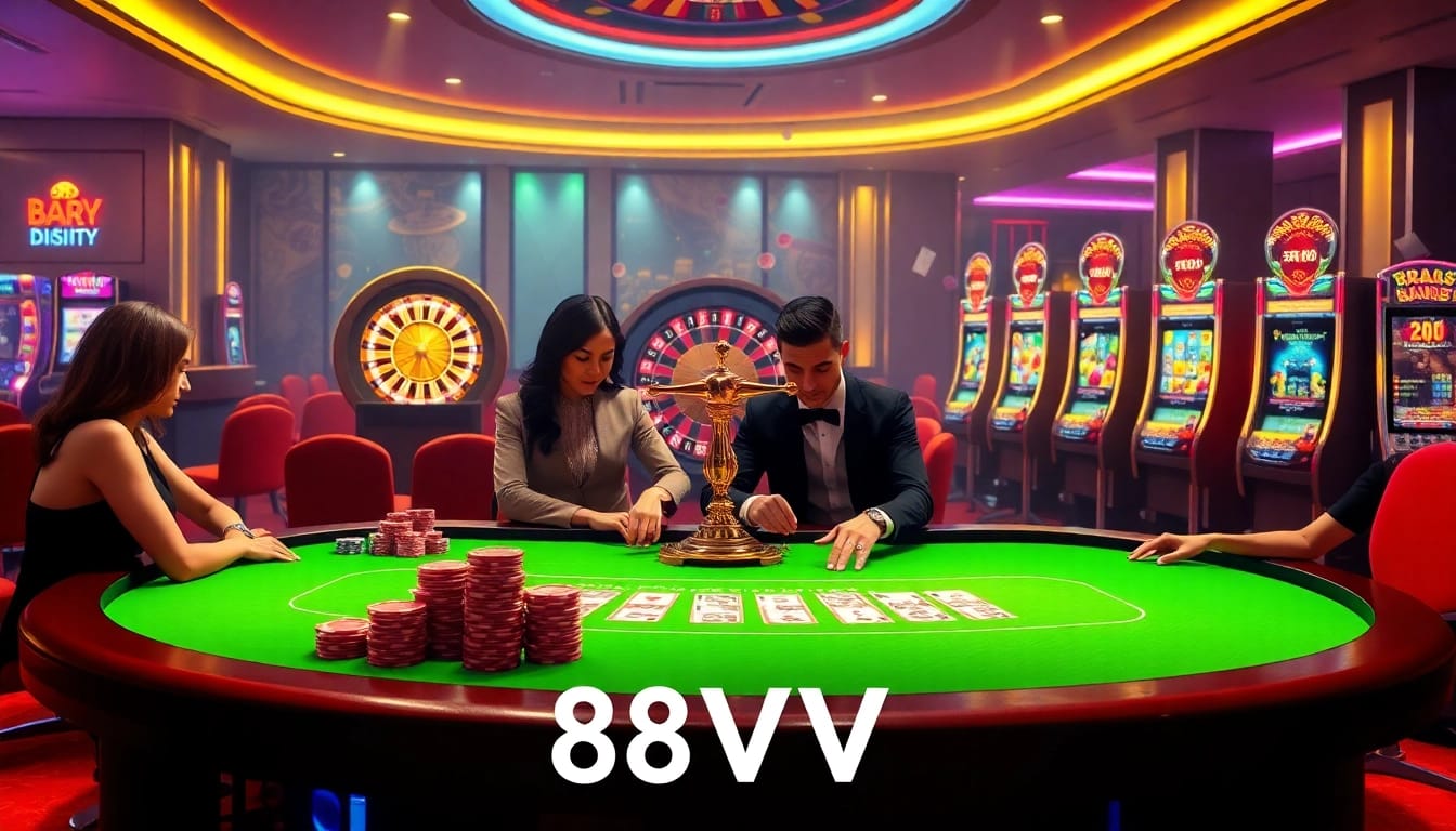 88VV gaming table with players and roulette in a luxurious casino setting