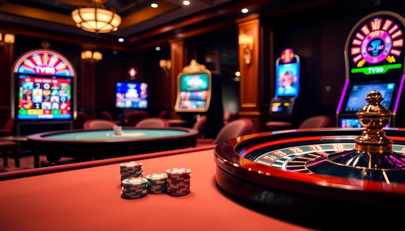 Action of placing bets at a luxurious poker table with TV88 branding in the background.