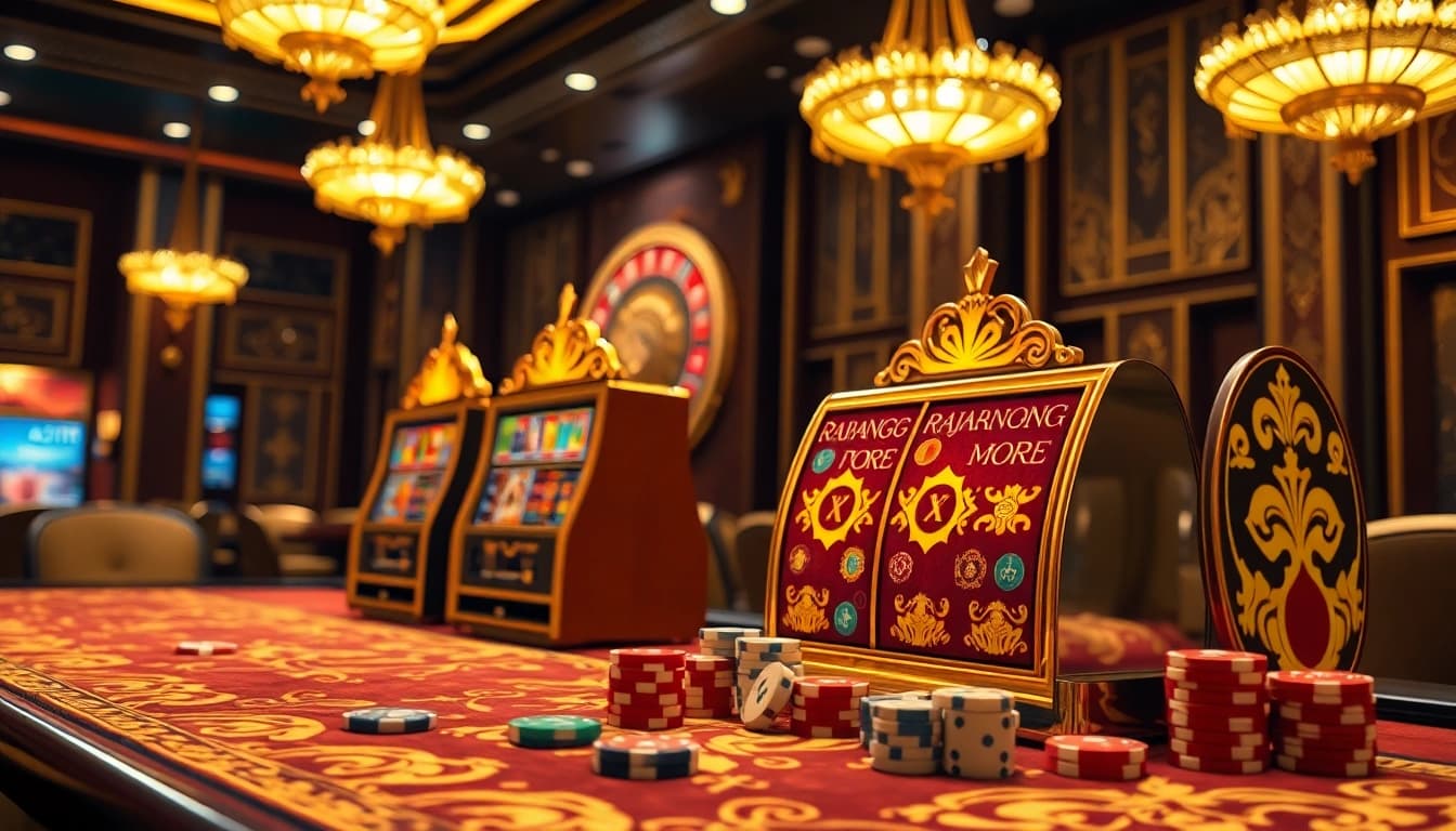 Experience thrilling gameplay with RAJABARONG-themed slot machines in a lavish casino setting.