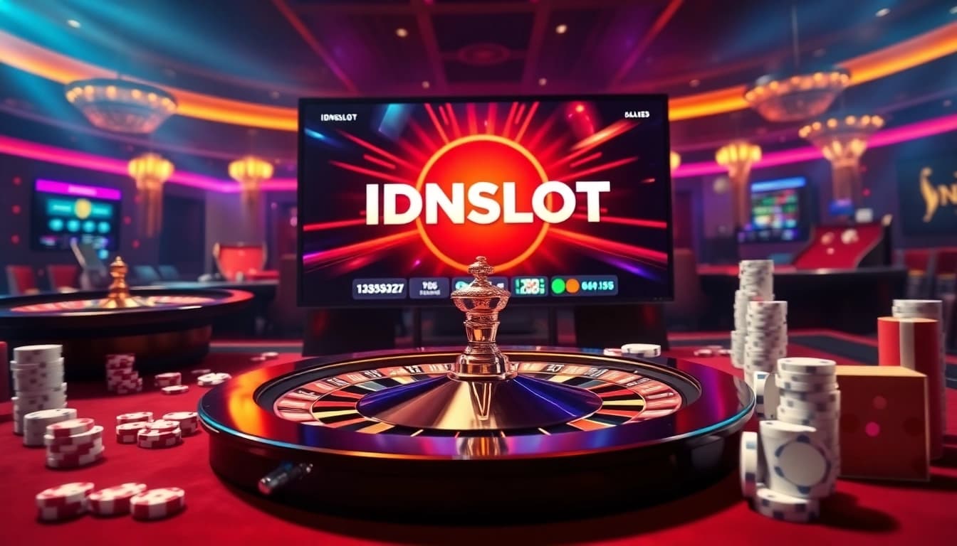 Engaging scene highlighting idnslot with vibrant casino elements like roulette and poker chips.