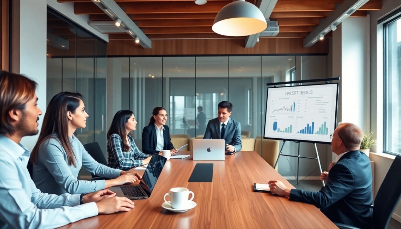 A collaborative business meeting showcasing free business techniques in a modern workspace.
