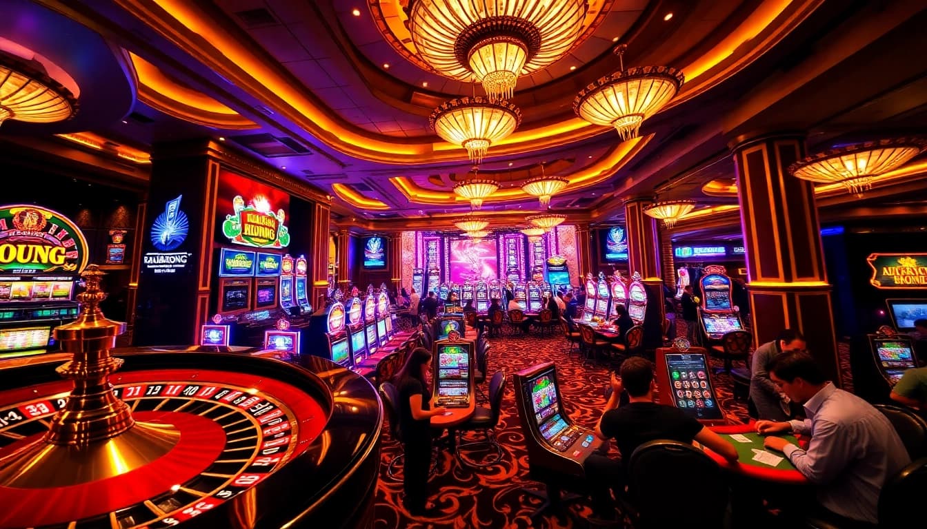 Engaged players enjoying thrilling games at RAJABARONG casino, featuring roulette and slot machines.