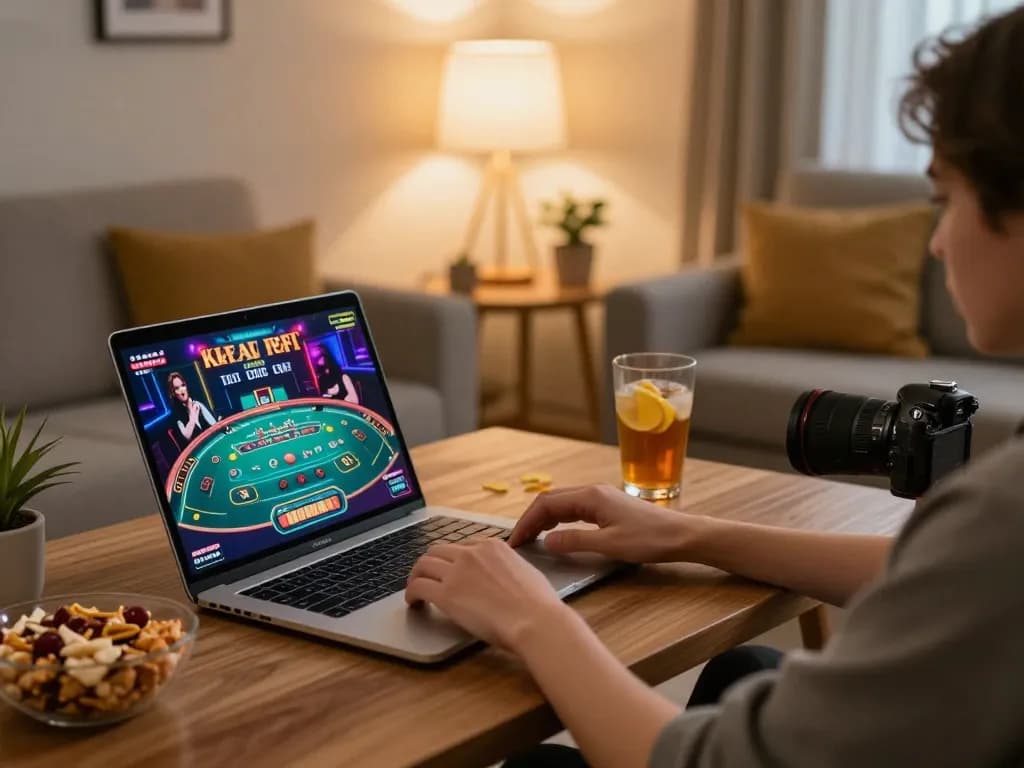 Player enjoying soc88 live dealer game on laptop in cozy home setting, emphasizing online gaming experience