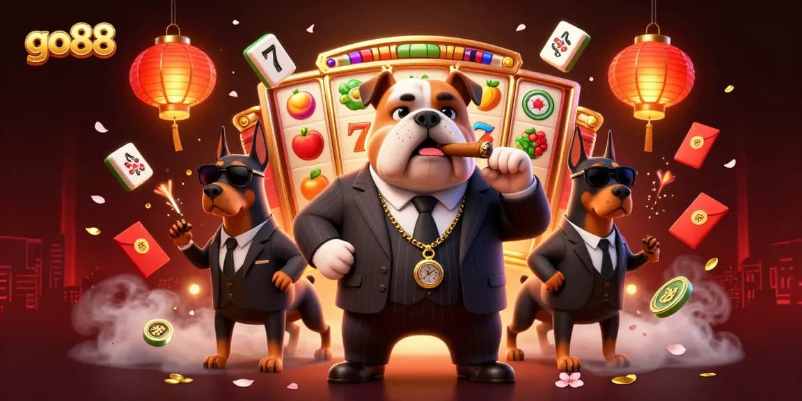 Experience thrilling gaming at go88 with an exciting mafia-themed casino illustration full of vibrant game symbols.