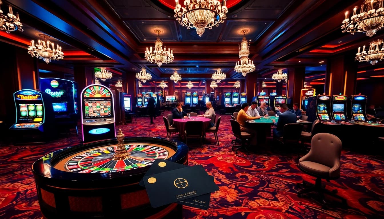 Gamblers enjoying credit-based strategies at a vibrant casino with roulette and poker tables.