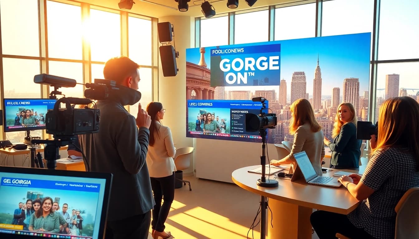 Thegeorgiasun journalists actively reporting news in a bright, modern newsroom.