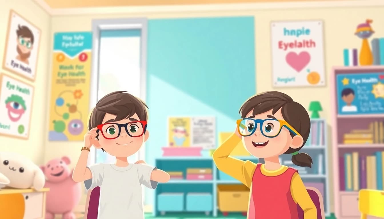 Children engaging with Our Children's Vision through colorful eyeglasses in a school environment.
