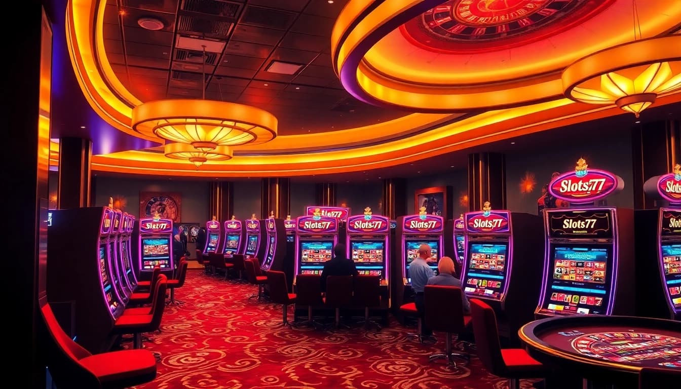 Players enjoying the excitement of slots777 at an elegant casino with colorful machines and vibrant ambiance.