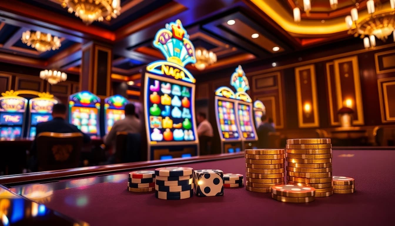 Exciting gameplay at NAGA169 slot machine with vibrant graphics and colorful poker chips.