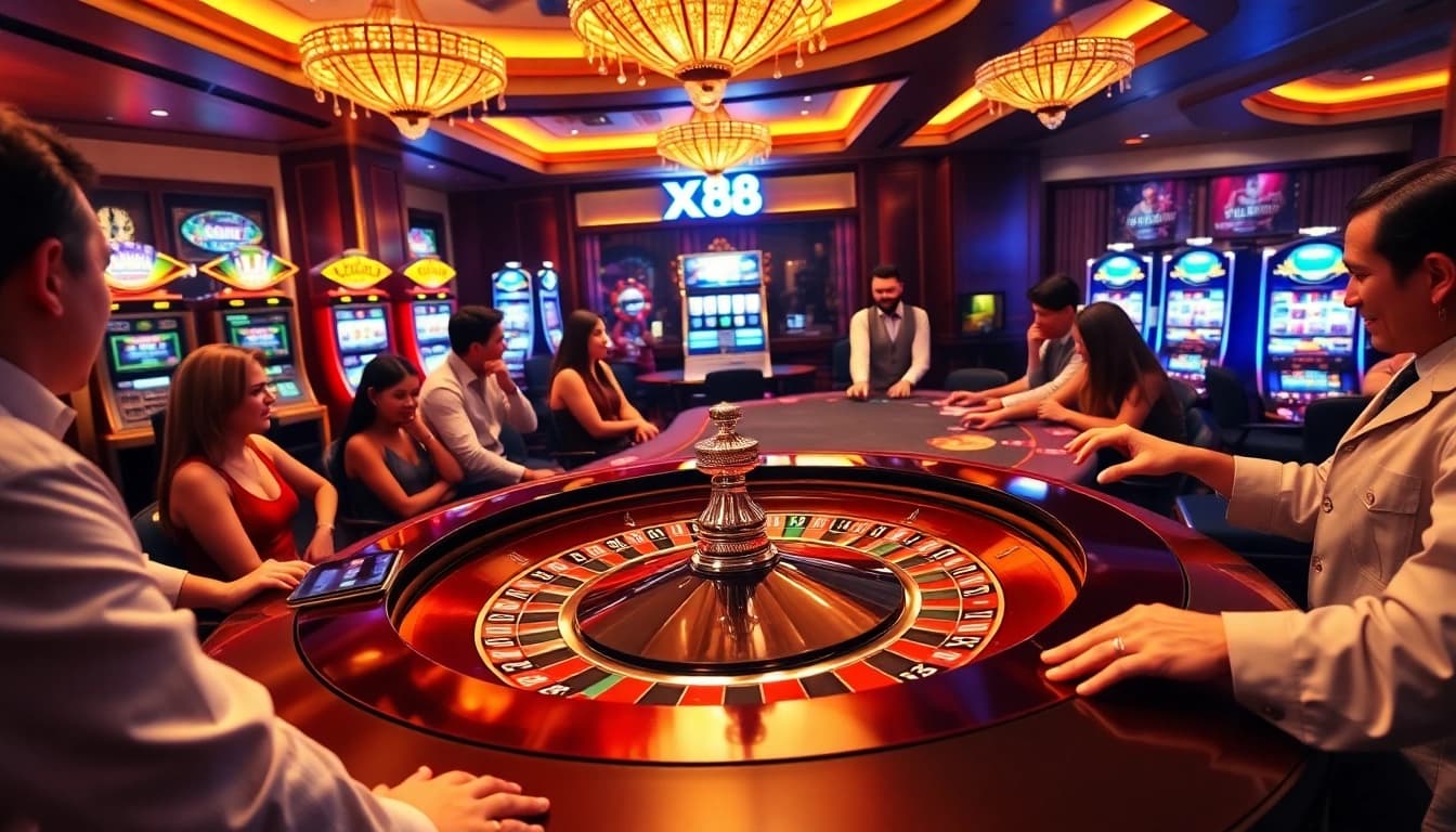 Engaged players at a roulette table celebrate their xx88 winning streak in a luxury casino.