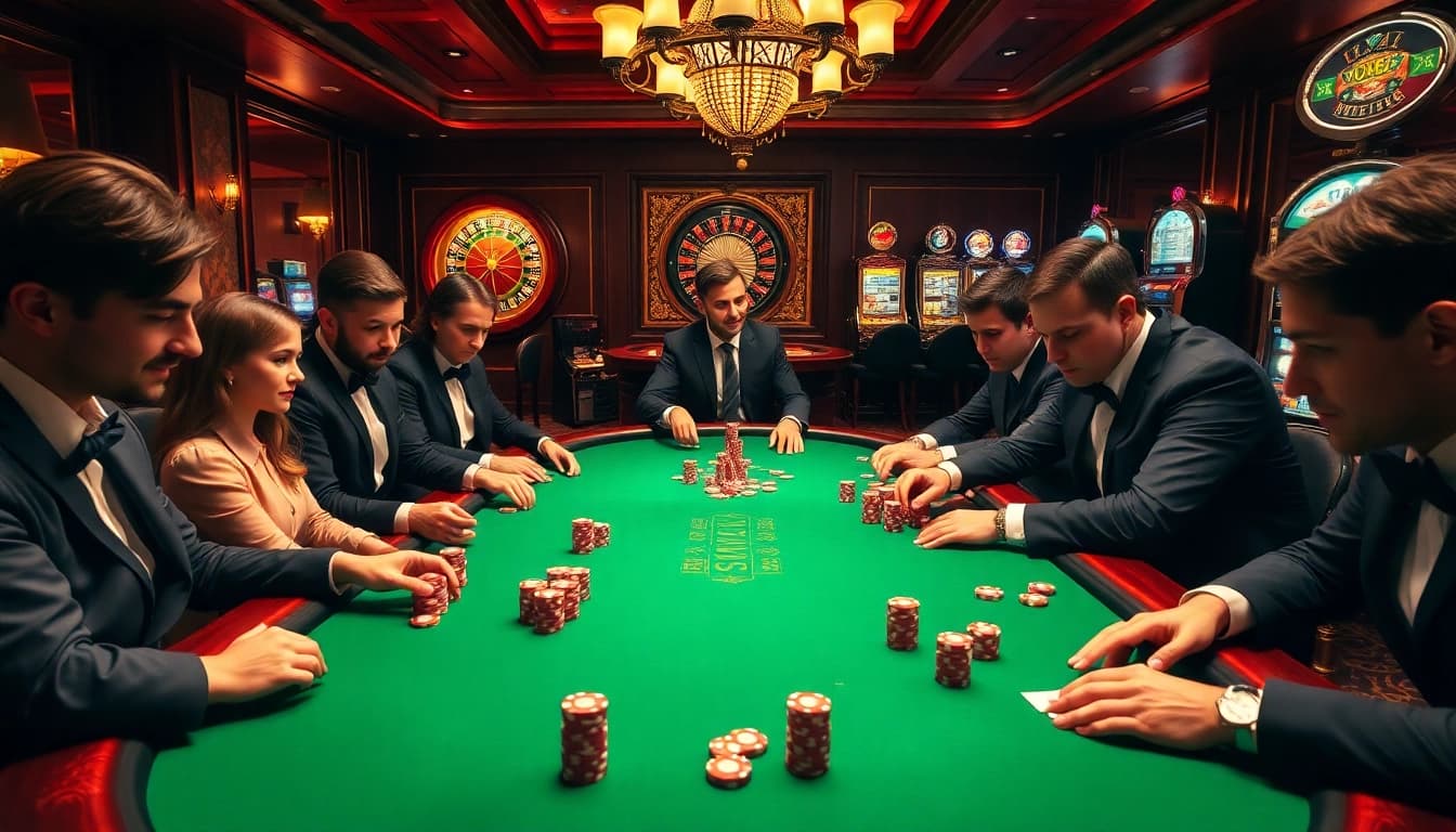 Players engaged in a thrilling poker game at lucky88.at's luxurious casino setting.