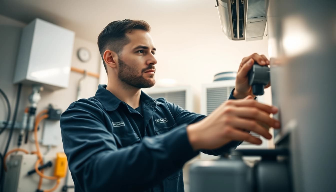 Expert technician delivering heating and cooling services in a bright, organized environment.