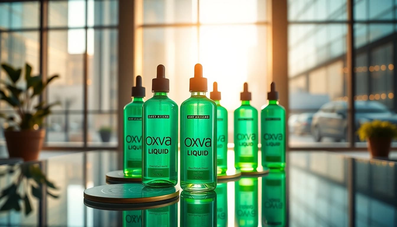 Impression von Oxva Liquid Flaschen auf einem eleganten Tisch, umgeben von einer urbanen Kulisse.