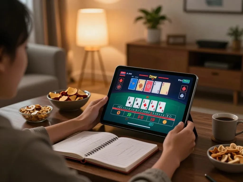 Engage in online casino gaming with twiin68, featuring a vibrant blackjack table on a tablet.