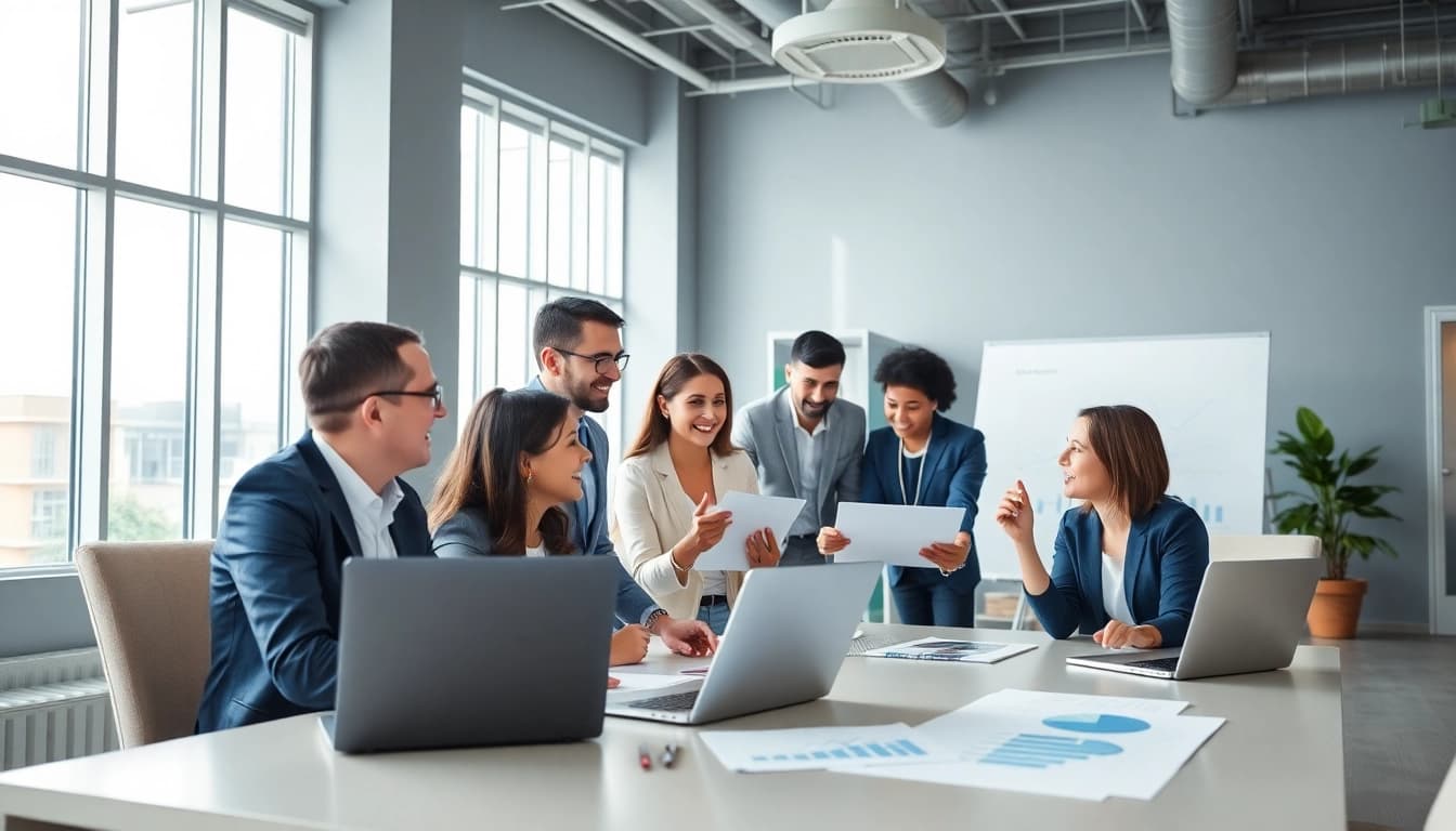 Collaborative meeting to hire salespeople, showcasing a diverse professional team