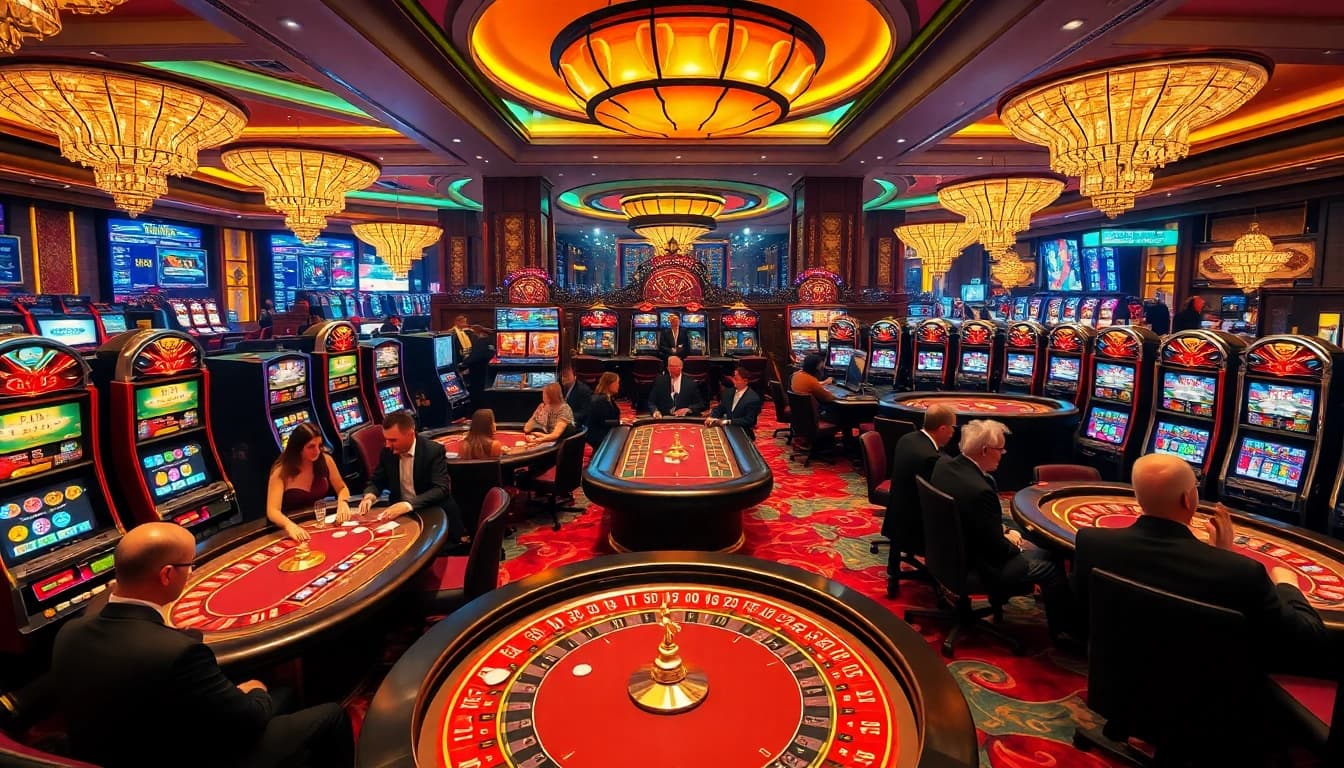 Gamblers enjoying a lively casino scene with DA88-themed decor, vibrant tables, and slot machines.