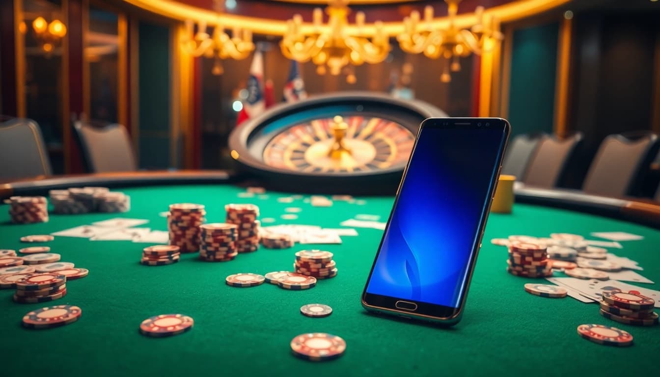 S8 Gambling Scene with Poker Chips and Cards in a Luxurious Casino Setting