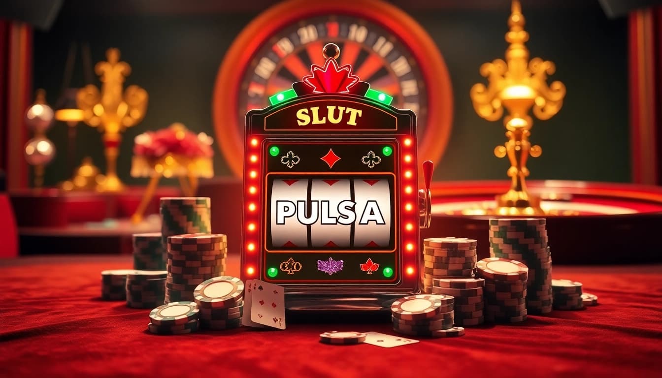 Rasakan getaran dan kegembiraan di meja permainan SLOT PULSA dengan visual dinamis mesin slot dan elemen kasino.