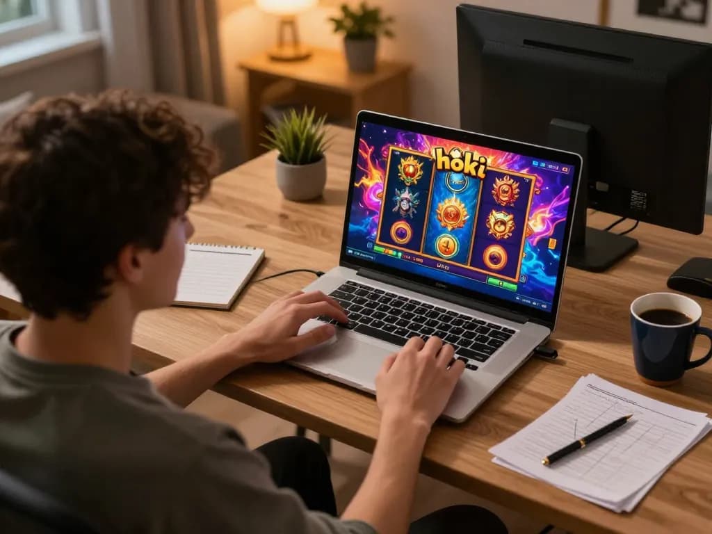 Pemain terlibat dengan permainan hoki slot di laptop sambil melacak strategi di lingkungan rumah yang nyaman.