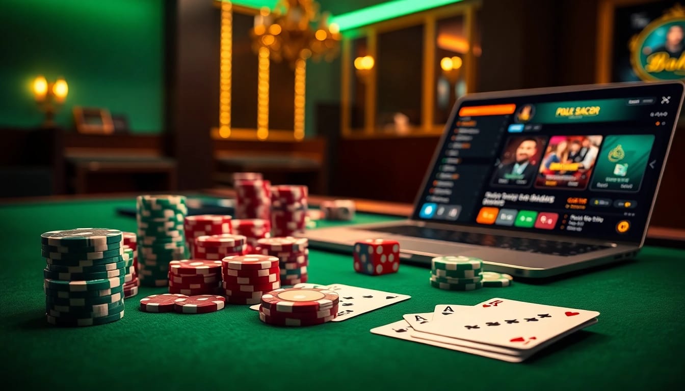 A high-stakes poker table setup emphasizing pokergacor with chips, cards, and online gaming devices in a luxurious ambiance.