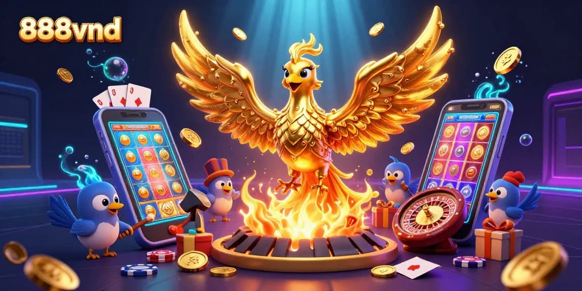 Experience the excitement of 888vnd with a vibrant 3D illustration of a golden phoenix and casino elements.