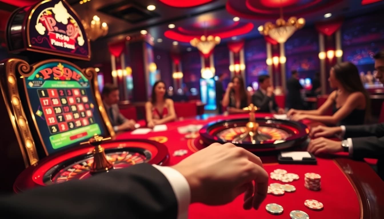 Exciting PS99 gaming table featuring roulette and poker cards for high-stakes action