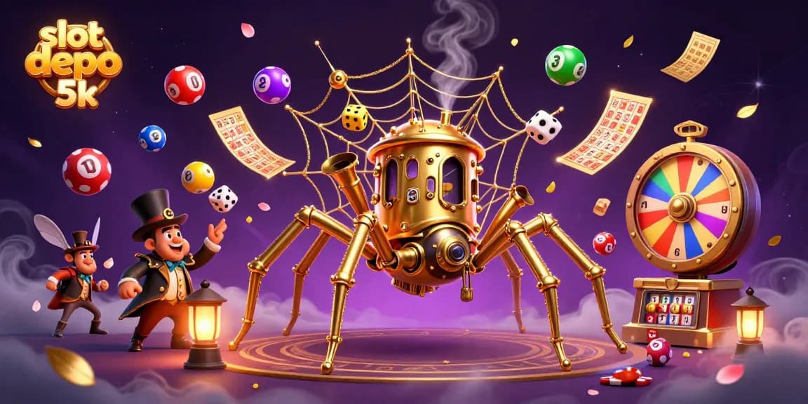 Experience the excitement of slot depo 5k with a dynamic illustration of a steampunk spider and gambling elements.