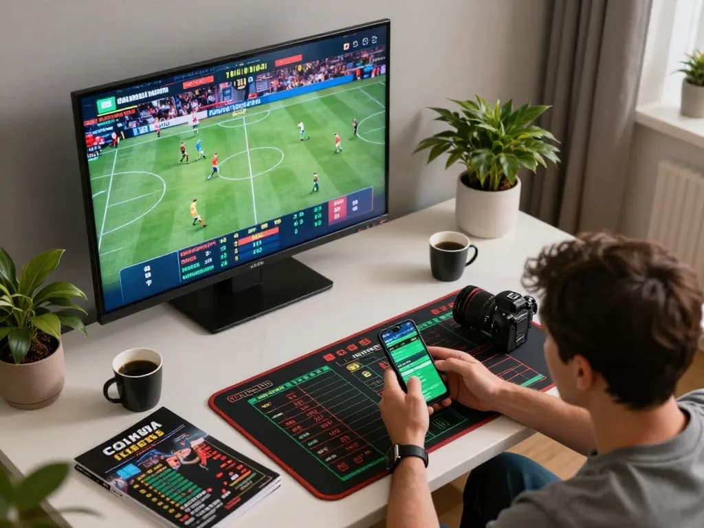 Engaging sports betting session at home with the link shbet app on a smartphone and live games displayed