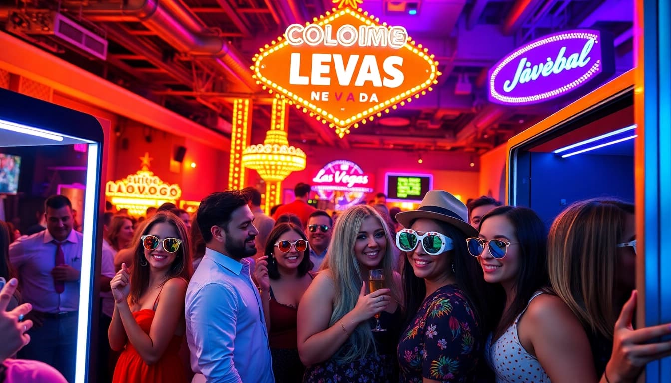 Excited guests enjoying the Las Vegas Photo Booth Rental with vibrant props and a lively atmosphere.